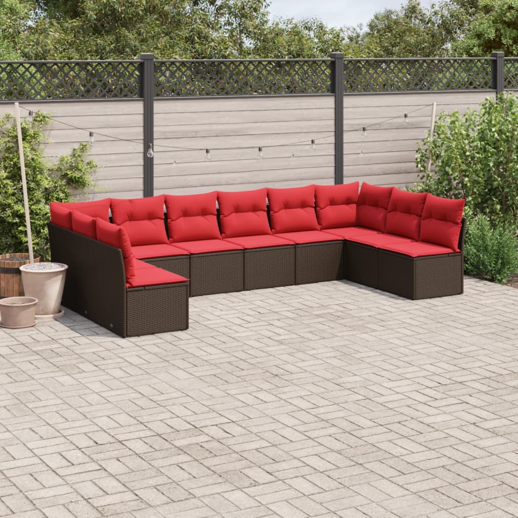 10 pcs conj. sofás jardim com almofadões vime PE castanho