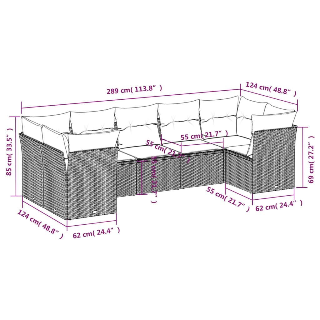 7 pcs conjunto sofás p/ jardim c/ almofadões vime PE cinzento