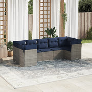 7 pcs conjunto sofás p/ jardim c/ almofadões vime PE cinzento