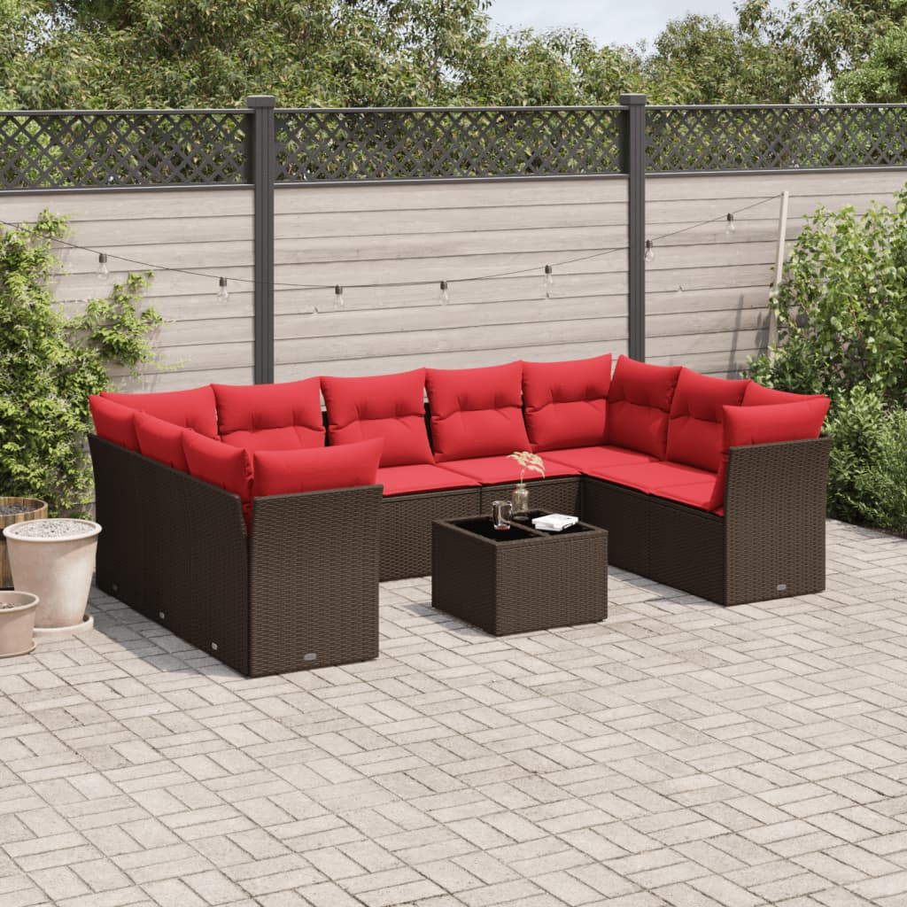 10 pcs conj. sofás jardim com almofadões vime PE castanho
