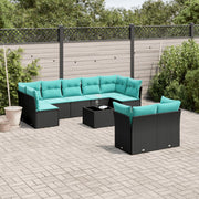 10 pcs conjunto de sofás p/ jardim c/ almofadões vime PE preto