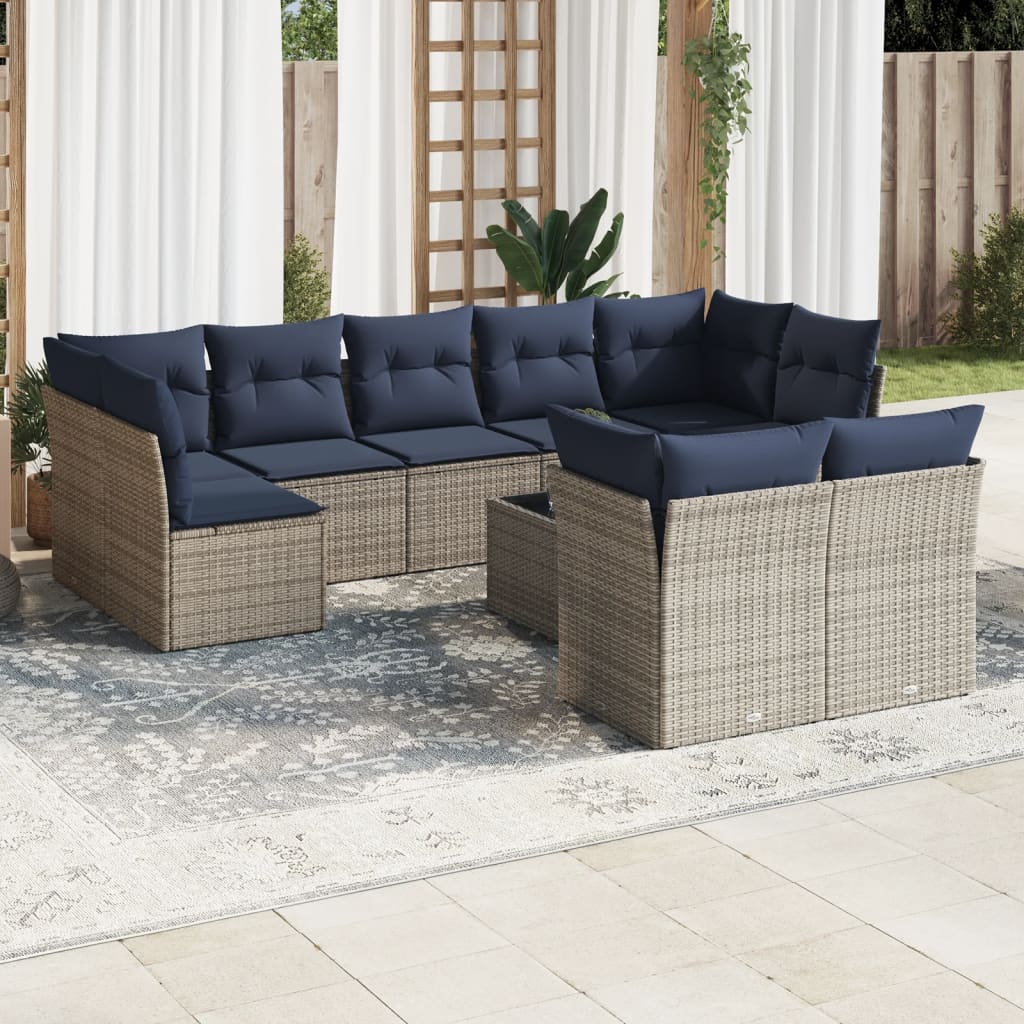 10 pcs conjunto sofás p/ jardim c/ almofadões vime PE cinzento