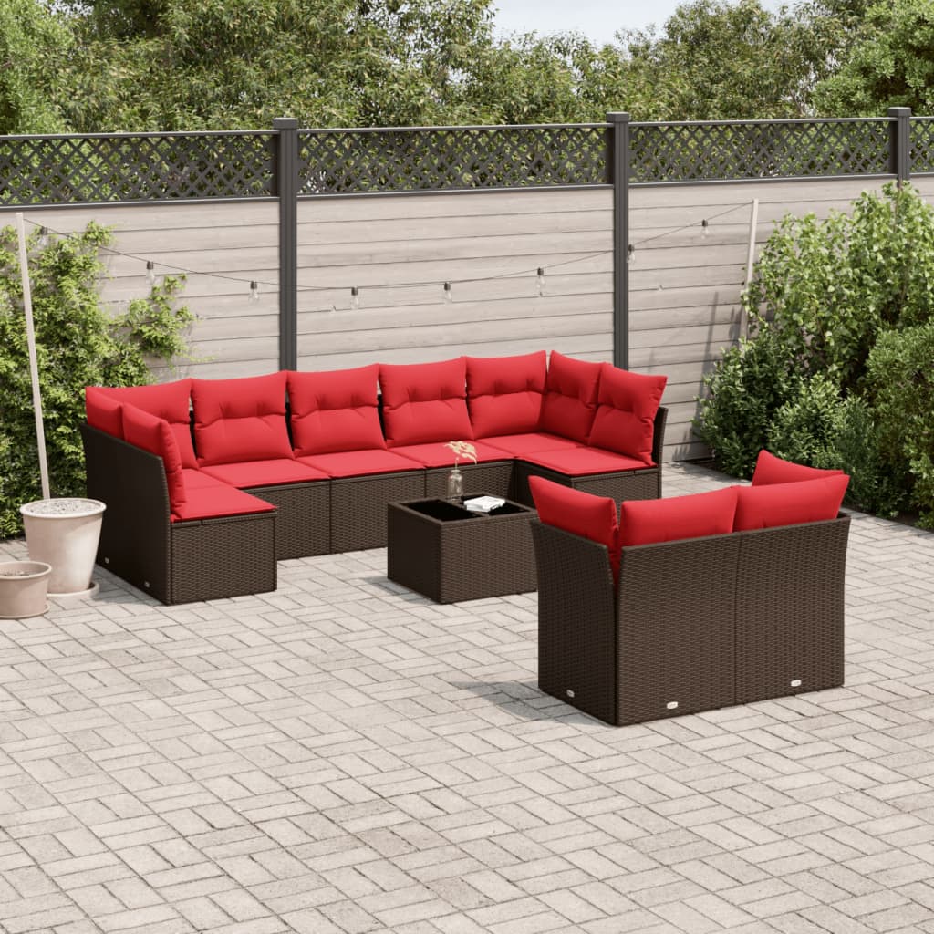 10 pcs conj. sofás jardim com almofadões vime PE castanho