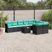 10 pcs conjunto de sofás p/ jardim c/ almofadões vime PE preto