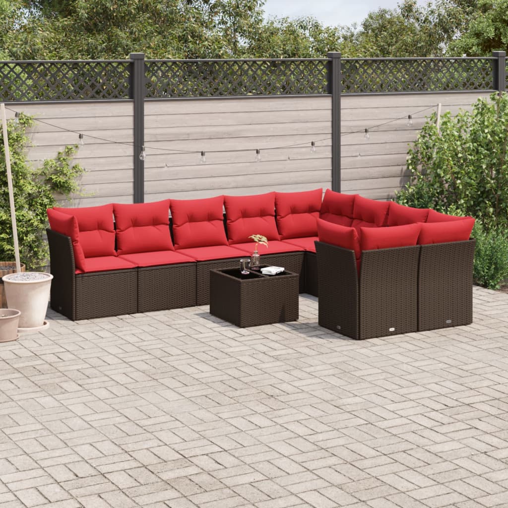 10 pcs conj. sofás jardim com almofadões vime PE castanho