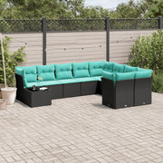 10 pcs conjunto de sofás p/ jardim c/ almofadões vime PE preto