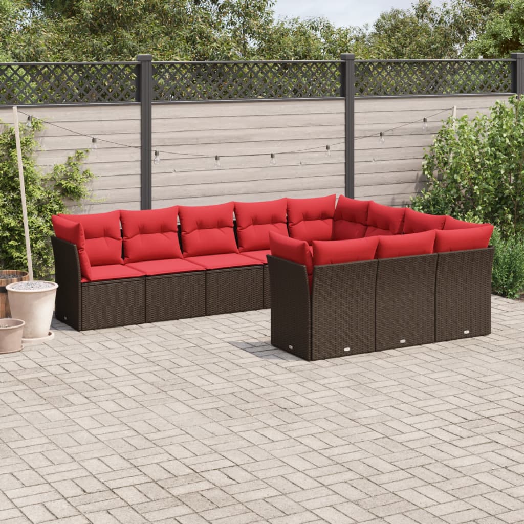 10 pcs conj. sofás jardim com almofadões vime PE castanho