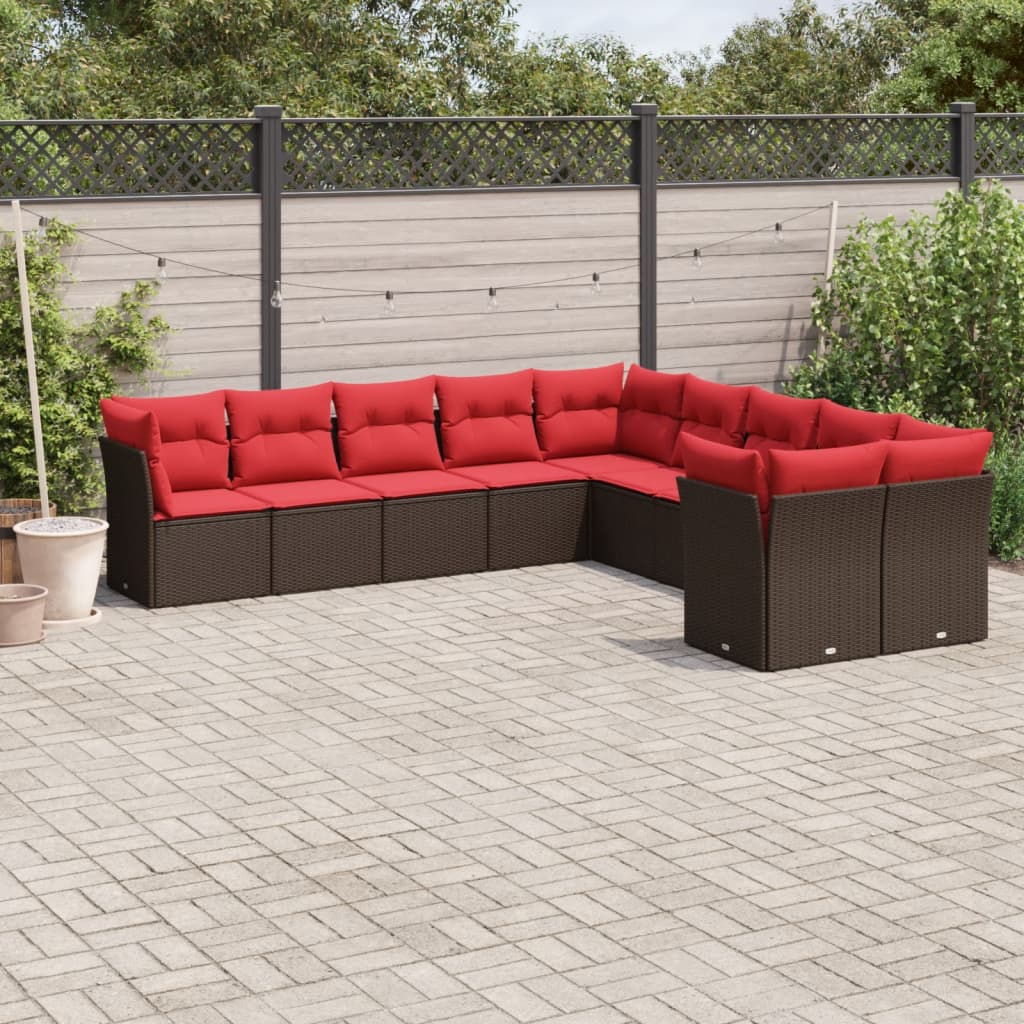 10 pcs conj. sofás jardim com almofadões vime PE castanho
