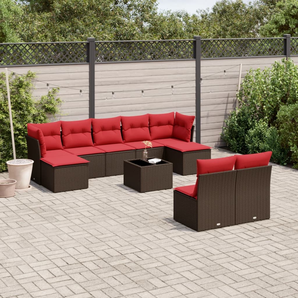 10 pcs conj. sofás jardim com almofadões vime PE castanho
