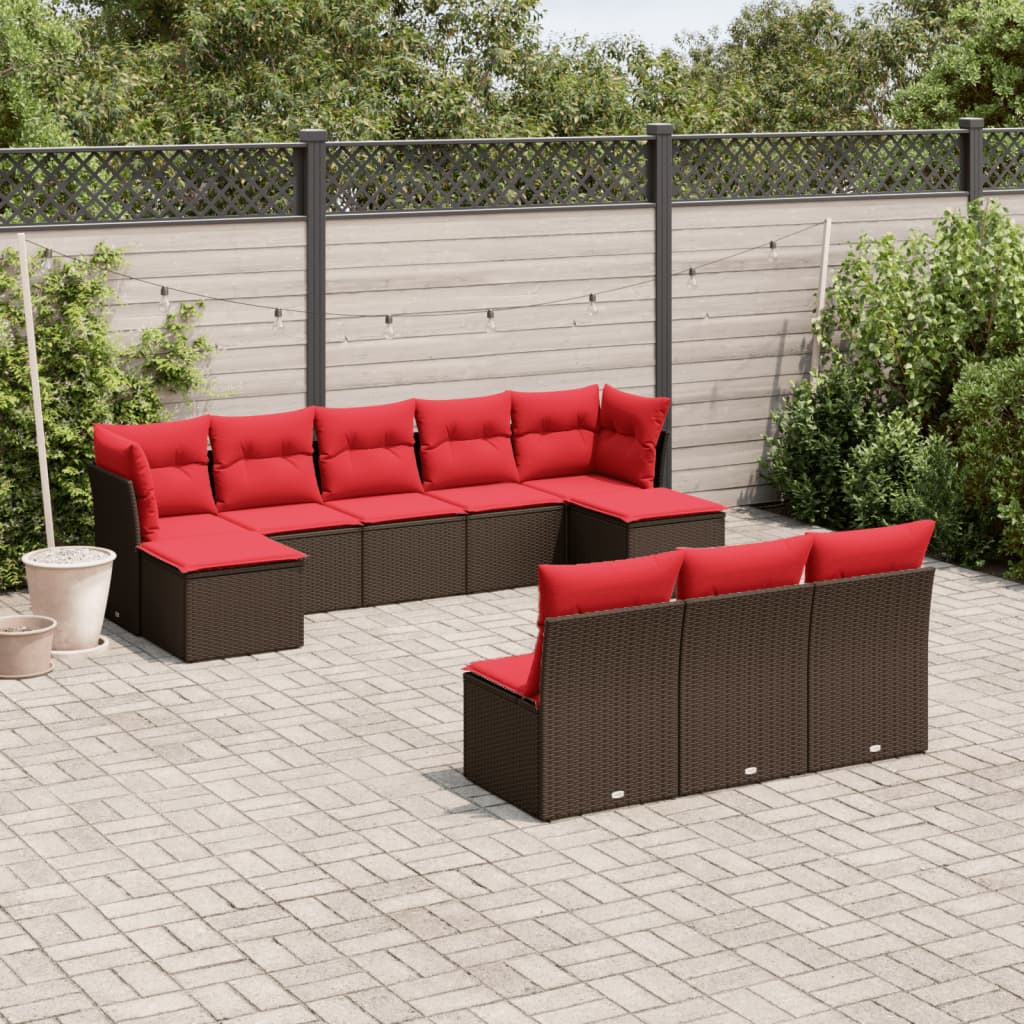 10 pcs conj. sofás jardim com almofadões vime PE castanho