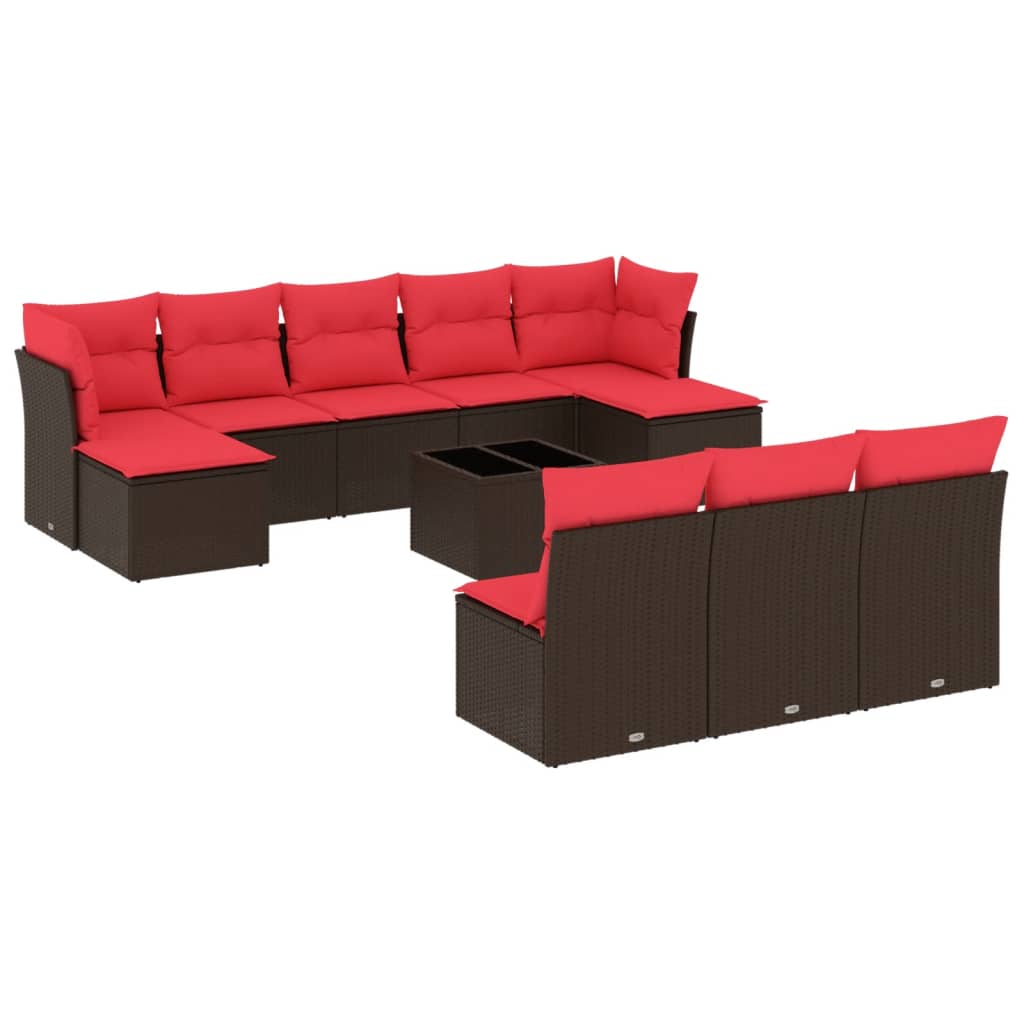 11 pcs conjunto sofás de jardim c/ almofadões vime PE castanho