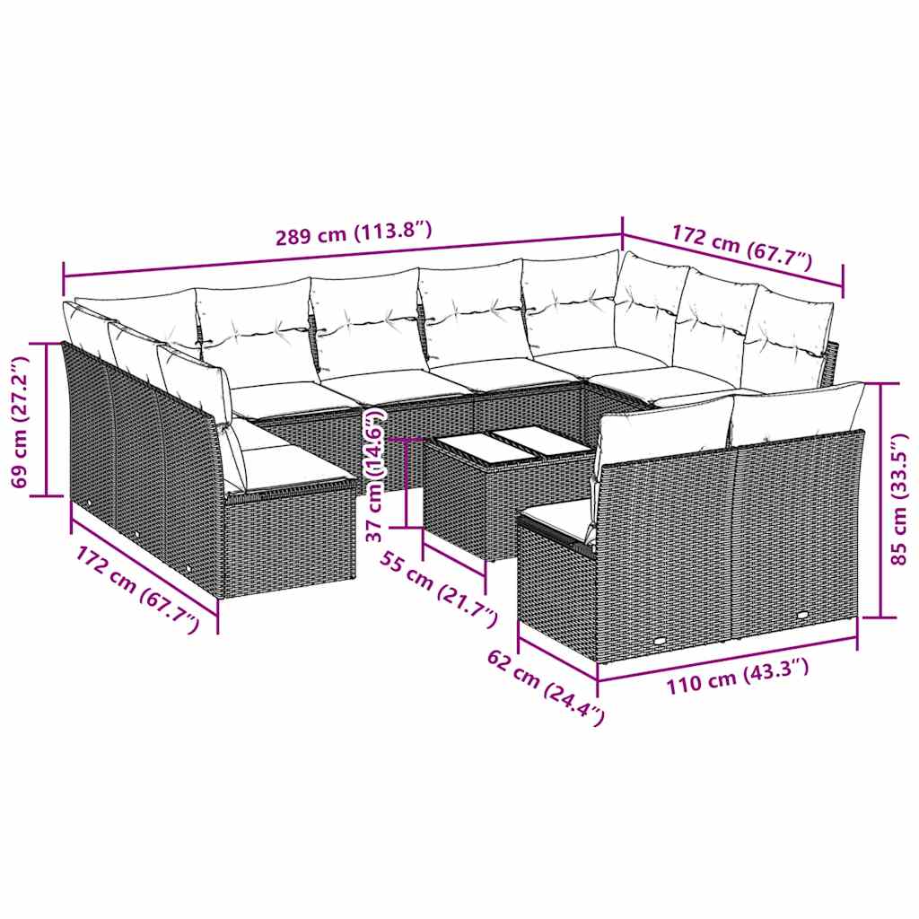 12 pcs conj. sofás jardim com almofadões vime PE cinzento-claro