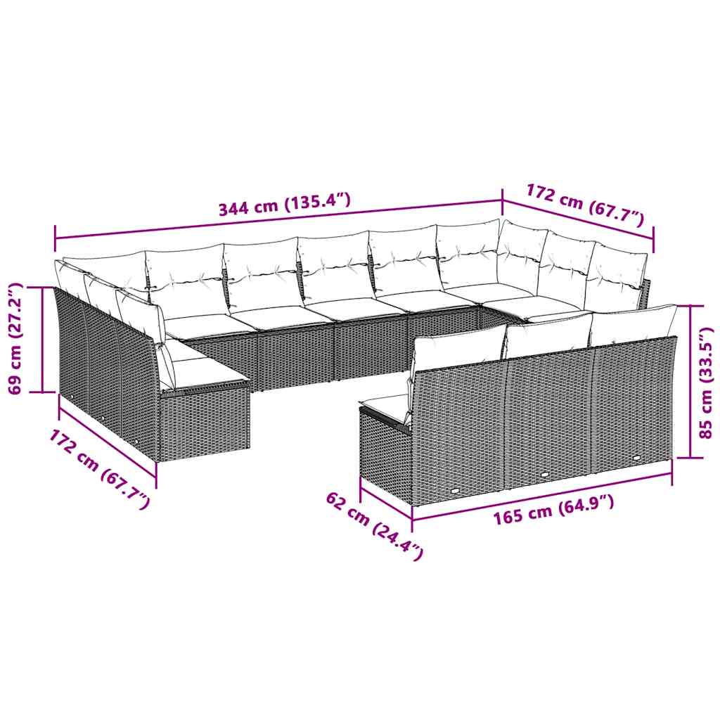 13 pcs conj. sofás jardim c/ almofadões vime PE cinzento-claro