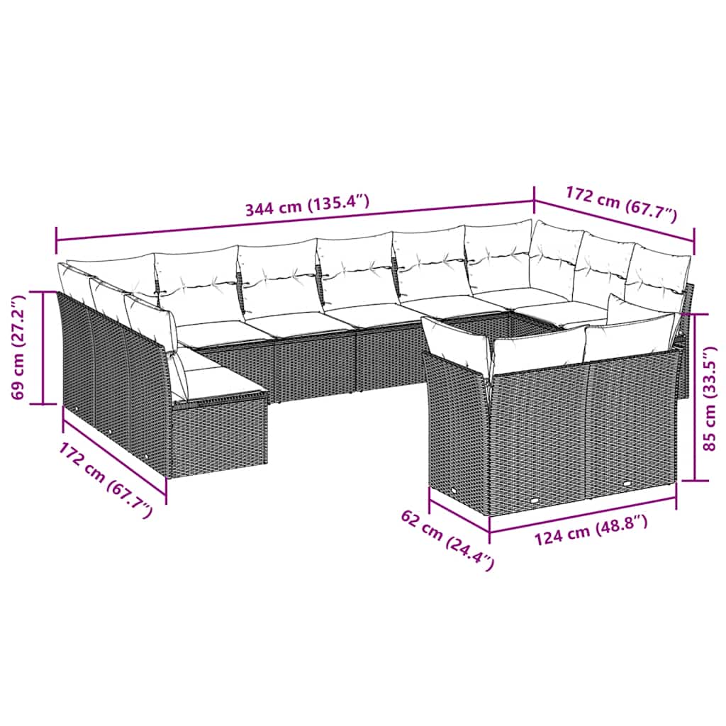 12 pcs conj. sofás jardim com almofadões vime PE cinzento-claro