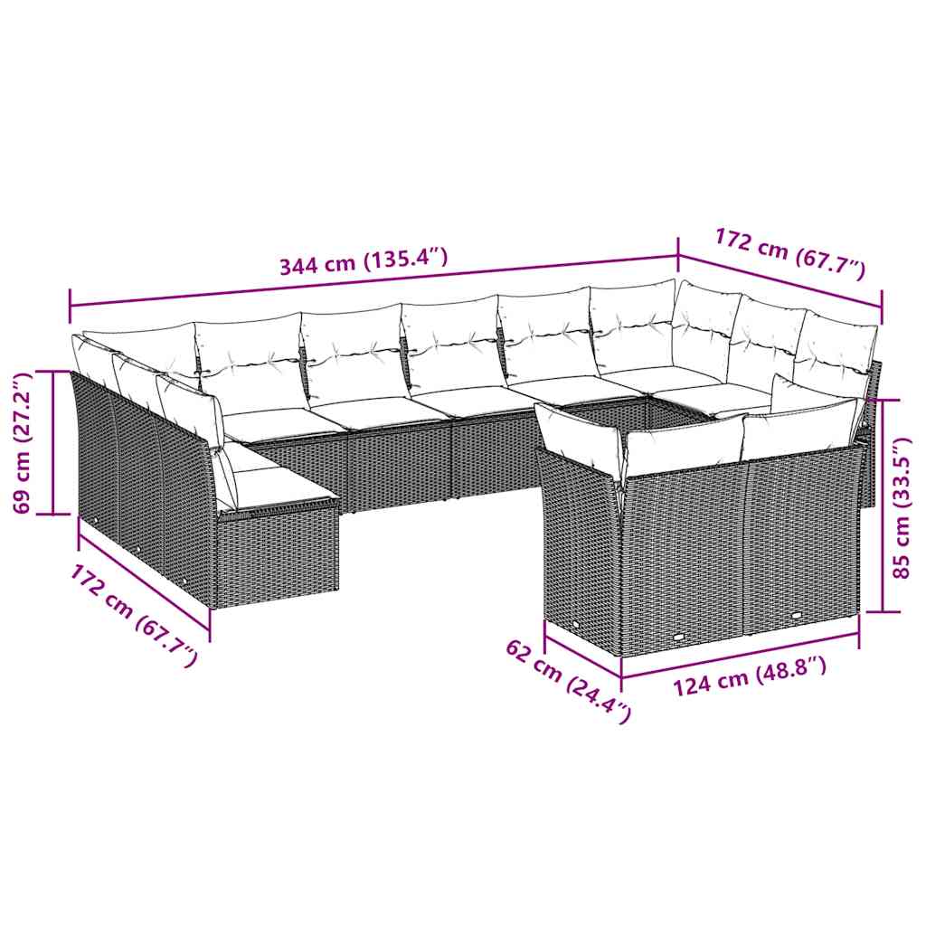 12 pcs conjunto de sofás jardim com almofadões vime PE castanho