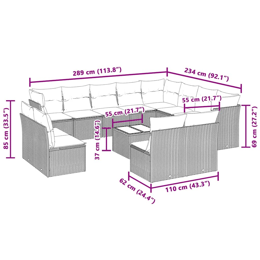 13 pcs conj. sofás jardim c/ almofadões vime PE cinzento-claro