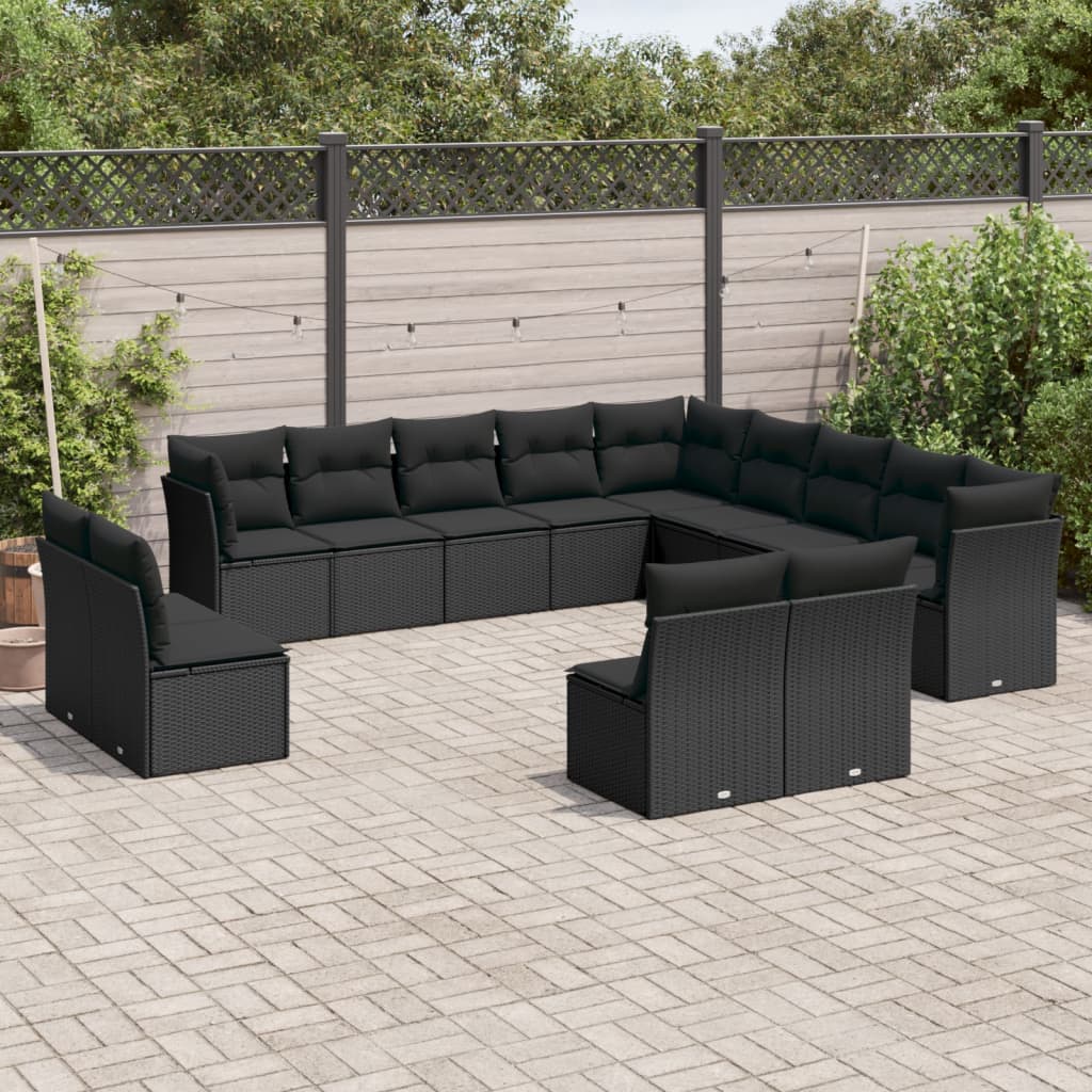 13 pcs conjunto de sofás de jardim com almofadões vime PE preto