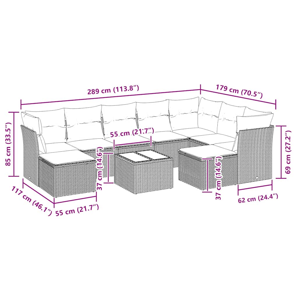 10 pcs conjunto sofás de jardim c/ almofadões vime PE preto