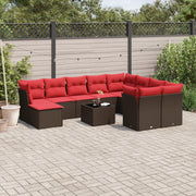 11 pcs conjunto sofás de jardim c/ almofadões vime PE castanho