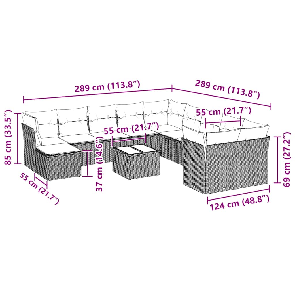 12 pcs conj. sofás jardim com almofadões vime PE cinzento-claro