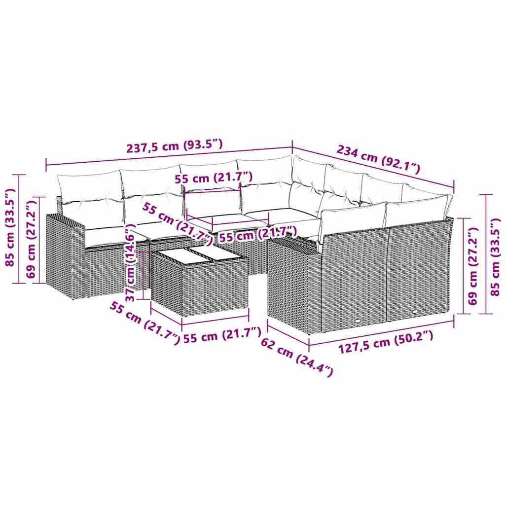 3 pcs conj. sofás jardim c/ almofadões vime PE cinzento-claro