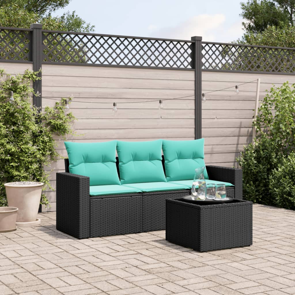 4 pcs conjunto de sofás p/ jardim c/ almofadões vime PE preto