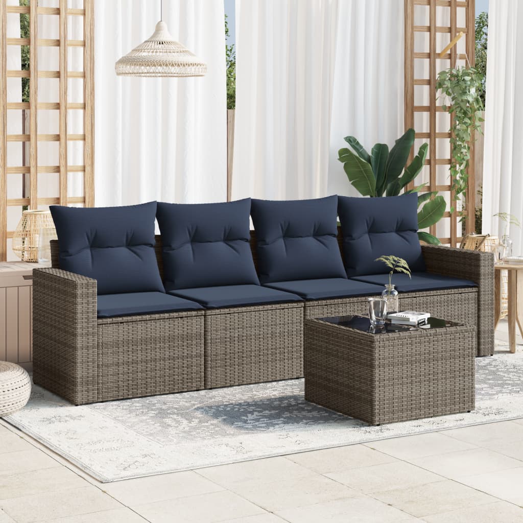 5 pcs conjunto sofás p/ jardim c/ almofadões vime PE cinzento