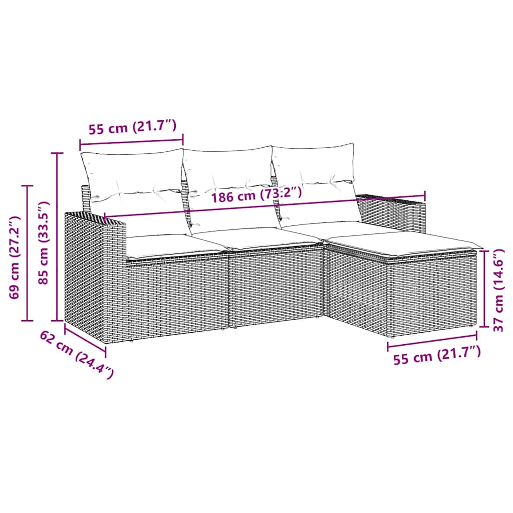 4 pcs conjunto sofás de jardim c/ almofadões vime PE castanho