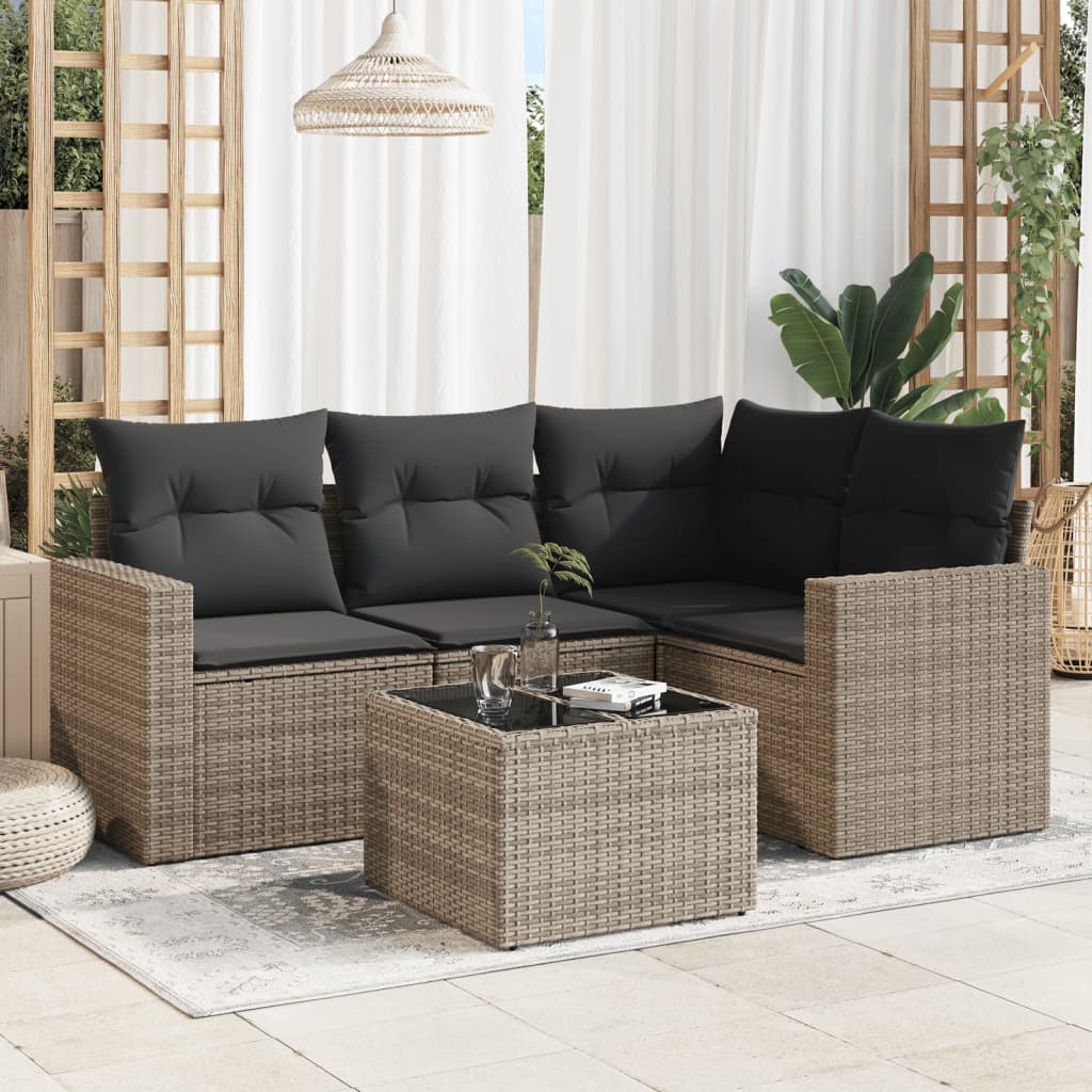 5 pcs conjunto sofás de jardim c/ almofadões vime PE cinzento