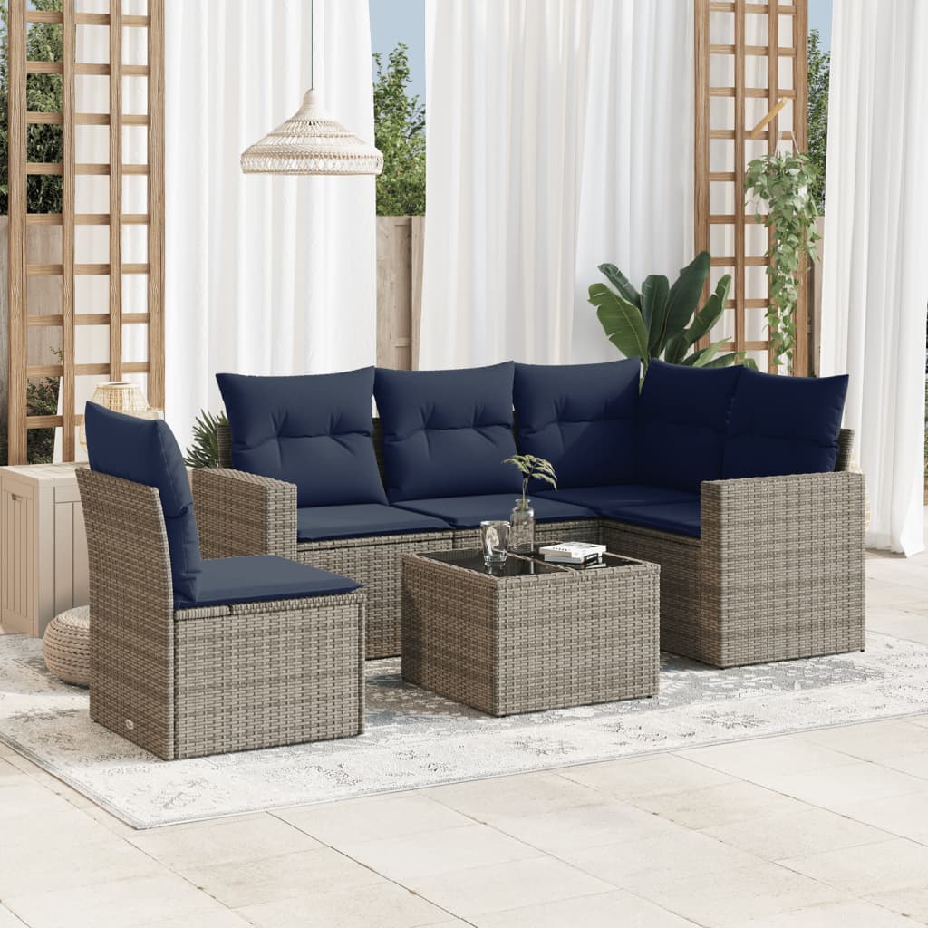 6 pcs conjunto sofás p/ jardim c/ almofadões vime PE cinzento