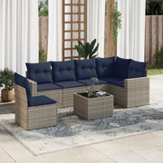 7 pcs conjunto sofás p/ jardim c/ almofadões vime PE cinzento