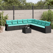 10 pcs conjunto de sofás p/ jardim c/ almofadões vime PE preto