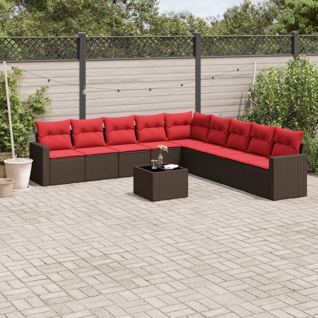 10 pcs conj. sofás jardim com almofadões vime PE castanho