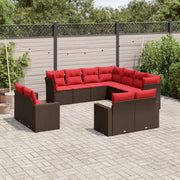 11 pcs conjunto sofás de jardim c/ almofadões vime PE castanho