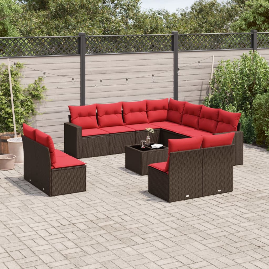 12 pcs conjunto de sofás jardim com almofadões vime PE castanho