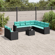 10 pcs conjunto de sofás p/ jardim c/ almofadões vime PE preto