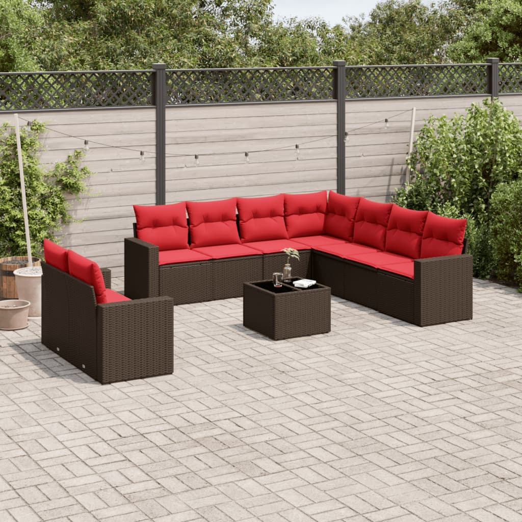 10 pcs conj. sofás jardim com almofadões vime PE castanho