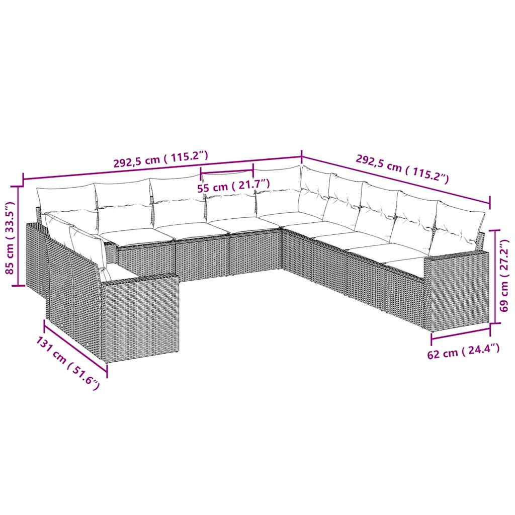 11 pcs conjunto sofás de jardim c/ almofadões vime PE cinzento