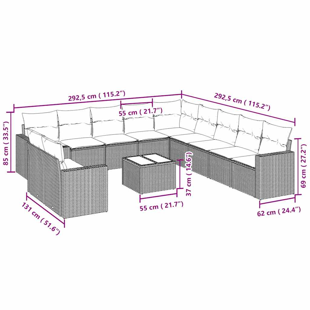 12 pcs conj. sofás jardim com almofadões vime PE cinzento-claro