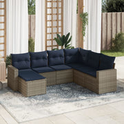 7 pcs conjunto sofás p/ jardim c/ almofadões vime PE cinzento