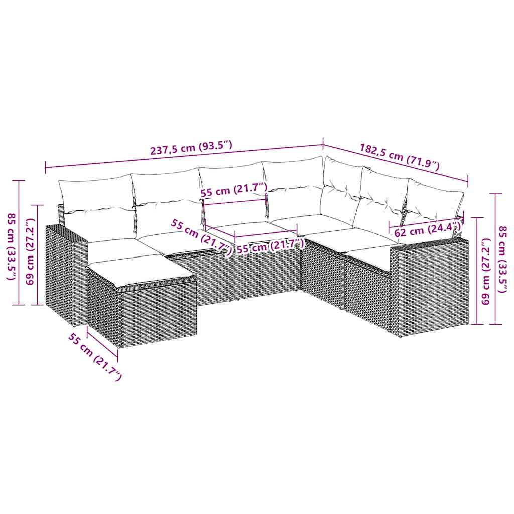 7 pcs conjunto de sofás jardim c/ almofadões vime PE castanho