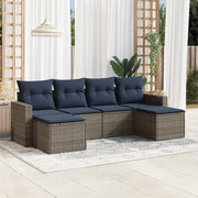 6 pcs conjunto sofás p/ jardim c/ almofadões vime PE cinzento