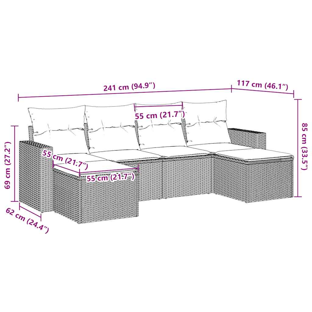 6 pcs conjunto de sofás jardim c/ almofadões vime PE castanho