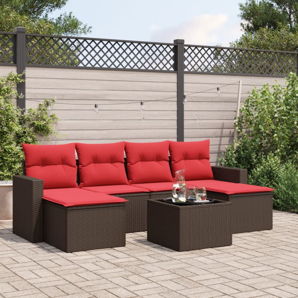 7 pcs conjunto de sofás jardim c/ almofadões vime PE castanho