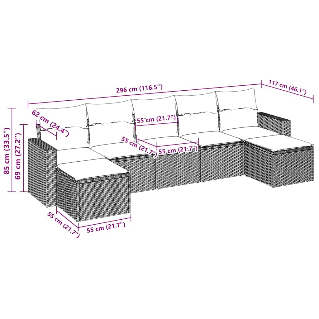 7 pcs conjunto de sofás jardim c/ almofadões vime PE castanho