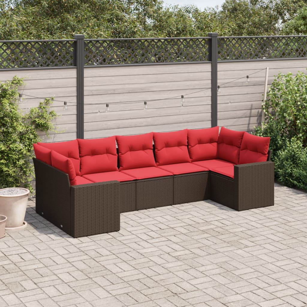 7 pcs conjunto de sofás jardim c/ almofadões vime PE castanho
