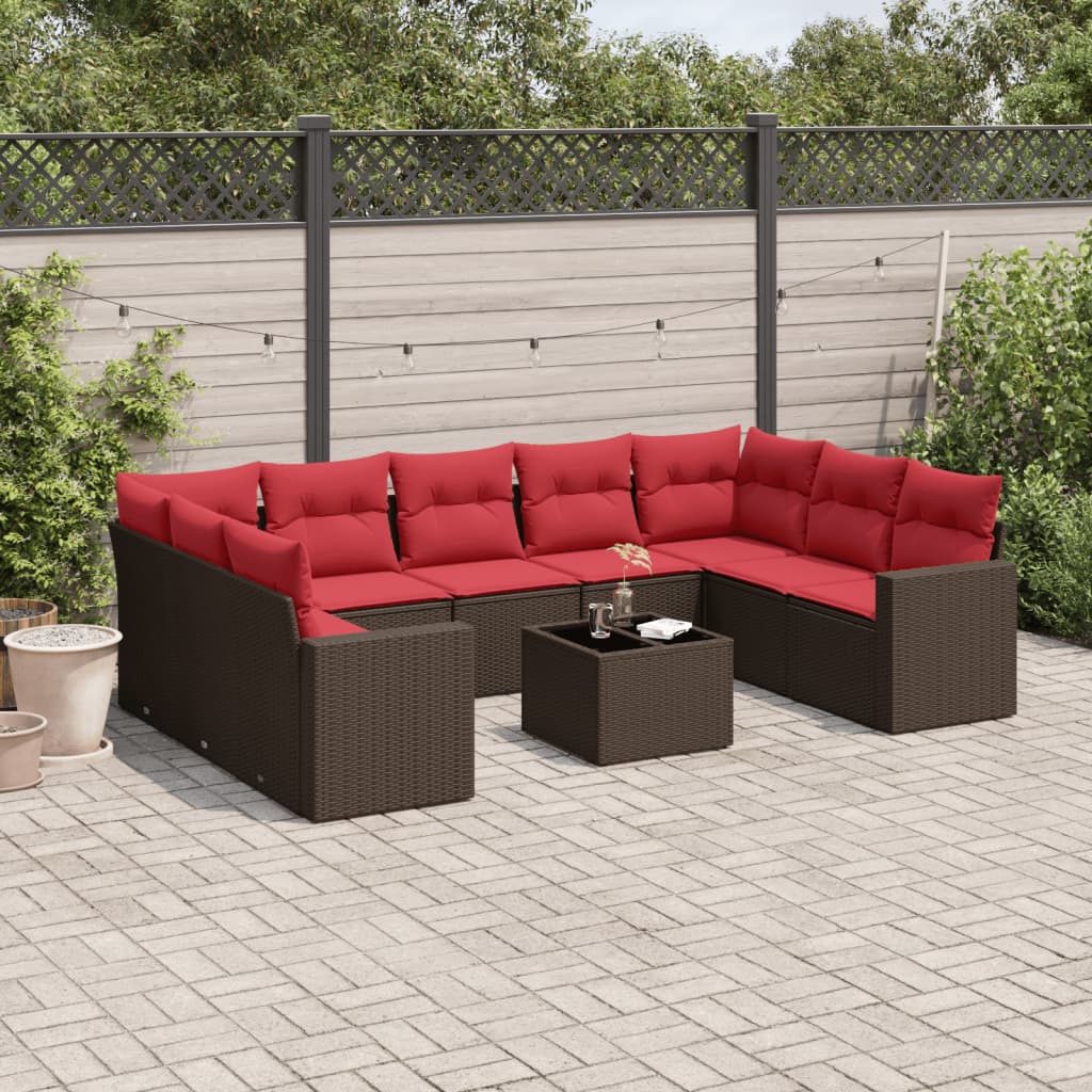 10 pcs conj. sofás jardim com almofadões vime PE castanho
