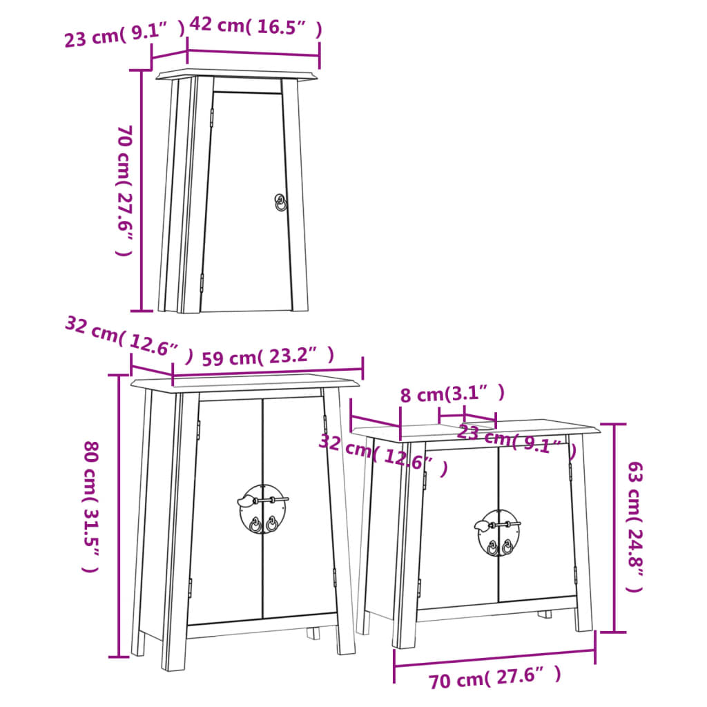 3 pcs conjunto móveis p/ casa de banho madeira de pinho maciça