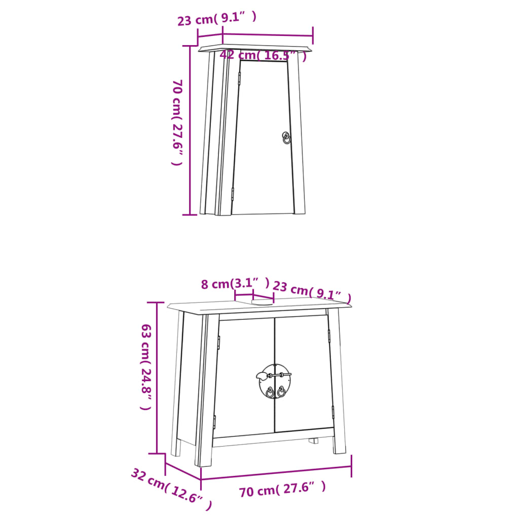 2 pcs conjunto móveis p/ casa de banho madeira de pinho maciça