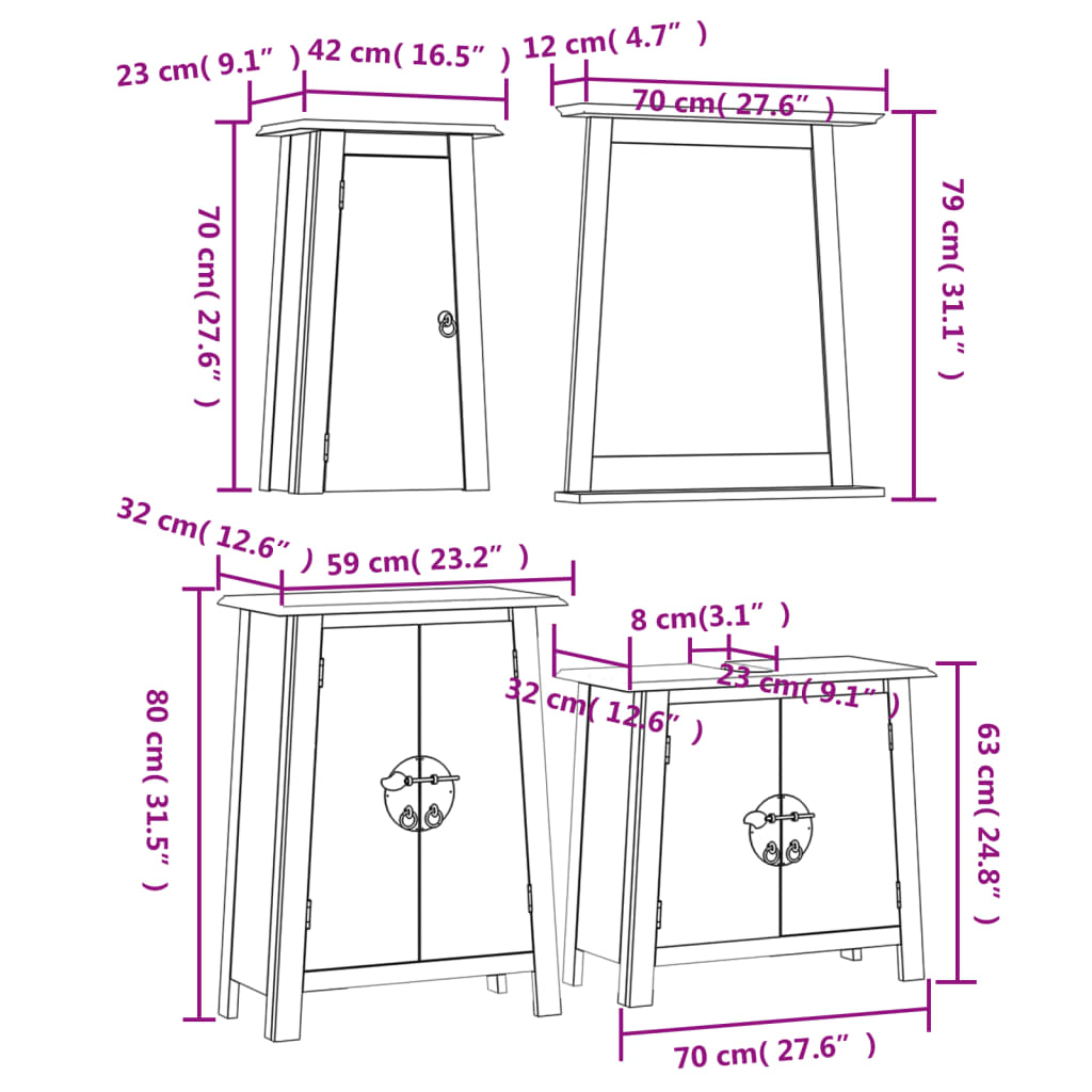 4 pcs conjunto móveis p/ casa de banho madeira de pinho maciça